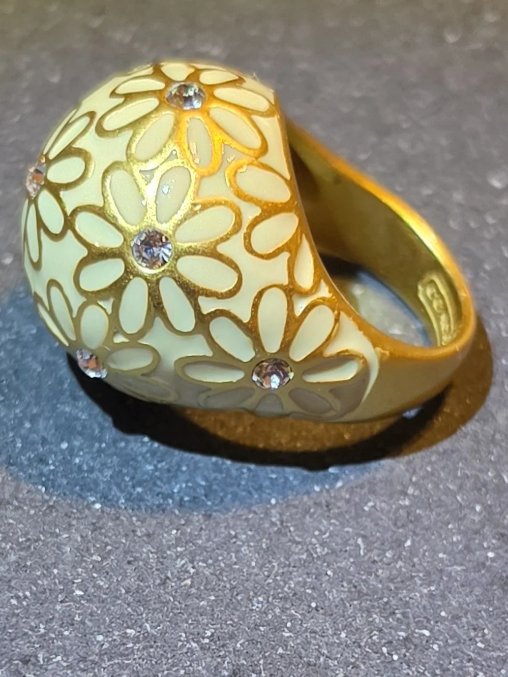 Coach Cream Floral Dome Ring with Gold Accents and Crystal Centers